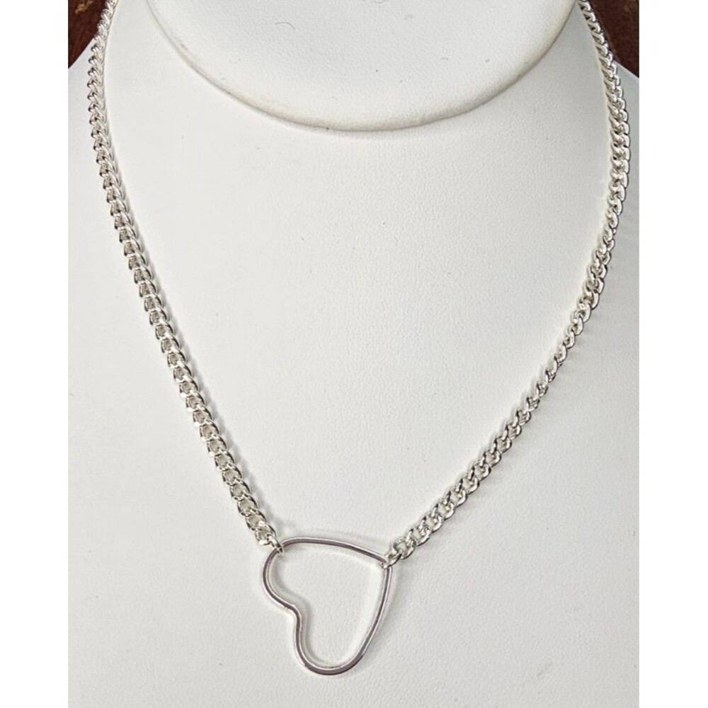 Retro Silver Tone Open Heart Charm Pendant Necklace 15.5 inch